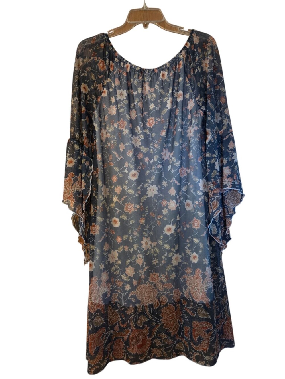 Love Ryan Fairy Boho Blue Floral Midi Dress Bell Sleeves Hippie Size Medium